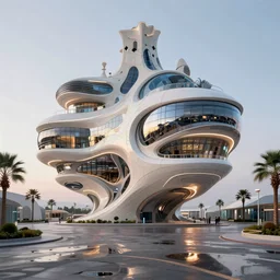 highly detailed futuristic hovering architecture by Antoni Gaudí and Santiago Calatrava, reflective lighting, empty streetscapes, palm trees, ground-level view, puddles of water, stunning sunny lighting, sunrise, vivid colors, in the style of pixar animation, trending on Artstation, 8k, matte painting, ray tracing, hyper detailed, unreal engine 5, cinematic, epic lighting, cryengine, octane render, cyberpunk, red and orange glow, vibrant