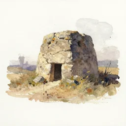 small centered on white watercolor paper, paint brush strokes, abstract watercolor painting of prehistoric stone house, midday sharp light, dust, cinematic light, american romanticism traditional gouache painting by hans dahl, by jesper ejsing, by anders zorn, by greg rutkowski, by greg manchess, by tyler edlin
