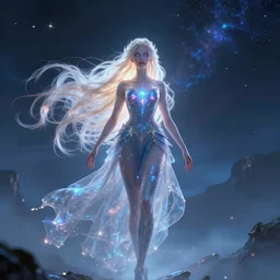 beautiful cinematic fantasy poster, a long shot of a beautiful princess like a disney princess hybrid with flowing illuminated hair, beautiful glowing galaxy eyes, full subject in frame, wideshot ultrawide angle epic scale, hybrid from The Elden Ring and art direction by Darius Zawadzki ;by artgerm; wayne reynolds art station, coherent body and limbs; cinematic quality character render; low angle; ultra high quality model; production quality cinema model;