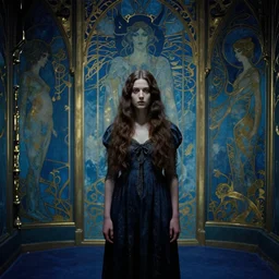 a girl in a blue and gold haunted liminal room, film still by goya, subject by balthus, colors by pontormo, lights by hopper, extreme detail, liminal aesthetic, background art nouveau,