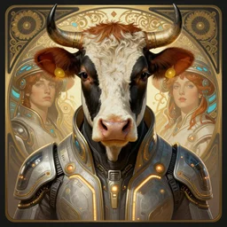 symmetry!! portrait of cow, sci - fi, tech wear, glowing lights!! intricate, elegant, highly detailed, digital painting, artstation, concept art, smooth, sharp focus, illustration, art by artgerm and greg rutkowski and alphonse mucha
