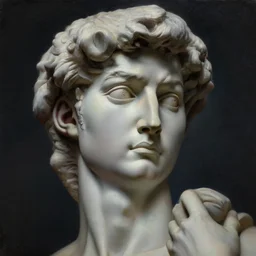 a face portrait of electra heart as statue of david, fantasy setting, stone face, dim colors, soft lighting, atmospheric, cinematic, moody, in the style of diego koi, gina heyer, luiz escanuela, art by alyssa monk, hyperrealism, rule of thirds, golden ratio, oil on canvas