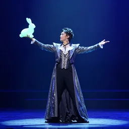 a magician stands on a stage, arms stretched outwards, holding a luminsecent rabbit in his right hand, elaborate glittery clothing, he is lit by a blue spotlight, volumetric lighting