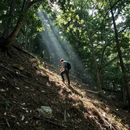 man hunting for quartz on a steep hillside covered by dense trees with shafts of light. photo realistic.