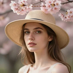 a candid portrait of a european female wearing a hat with sakura on top, summer bloom, au naturel, hyper detailed, digital art, trending in artstation, cinematic lighting, studio quality, smooth render, unreal engine 5 rendered, octane rendered