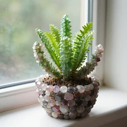 crystals shaped like exotic succulent fern strange cacti, a potted plant made of gemstones in a windowsill