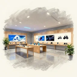 sketch by hokusai!! of 2 0 3 0 s flagship retail interior. experience. telco digital screens phones. wood, polished concrete, neon, ceiling spots. plants. samsung microsoft apple nike adidas tesla muted colors