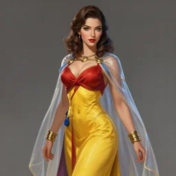 Full portrait of Elementalist, female, gorgeous, beautiful face, Red and blue garments, yellow robes, brass bracelets, transparent cloak from neck to ankles, pin-up, highly detailed, smooth, sharp focus, digital painting, illustration, by by Albert Aublet, Krenz Cushart, WLOP and Sakimichan, artstation