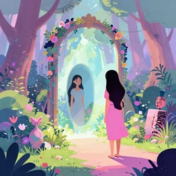 woman discovers a mirror portal in her garden. the dimensional gateway leads to a mystical forest, pixiv fanbox, dramatic lighting, maximalist pastel color palette, splatter paint, pixar and disney concept, graphic novel by fiona staples and dustin nguyen, peter elson, alan bean, wangechi mutu, clean cel shaded vector art, on artstation