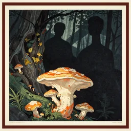 happy souls, by gediminas pranckevicius, by hasui kawase, by james gilleard, dark shadows, woodblock, split - complementary - colors, tremella - mesenterica, mycena acicula, poster, polished, discovering enlightenment