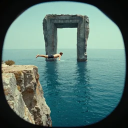 a man cliff jumping into waters that are actually a portal to another dimension, film still from the movie directed by Wes Anderson and Jacques Tati with art direction by Salvador Dalí, wide lens