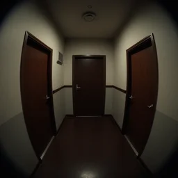 dimly lit, theatre access corridor background, 3 doors, fish eye, artstation