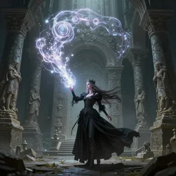 artwork by sixmorevodka, epic girl mage casting enormous spell, gothic clothes, long hair, digital art, concept art, best of 2023 on artstation style, simulation, structure, fine, wide angle, natural light, volumetric, behind is a tomb of great ancestors