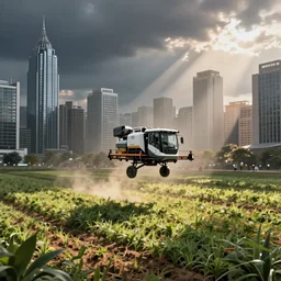 agriculture done by flying harvesters in postmodern city