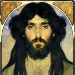 portrait of an unkle blue moon with long black hair and beard, by alphonse mucha