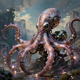 portrait of a a mechanical octopus in a scenic environment by philipe druillet and wayne barlowe, cyberpunk, mechanical parts, electric sparks, hyperdetailed