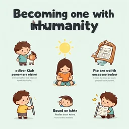 becoming one with humanity infographic, little cartoons, illustration
