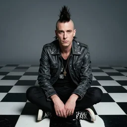 punk rock, travis bickle has a mohawk, on a checkered floor, studio portrait