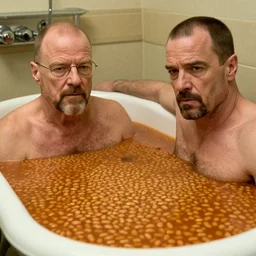 Photo of Walter White and Gus Fring taking a bath in baked beans, taken with a Nikon D800.