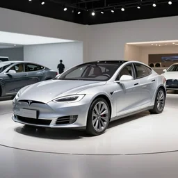 Tesla Model S as a 70’s car in a car showroom, concept art