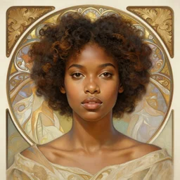 beautiful african american young woman, head and shoulders portrait,  intricate, elegant, highly detailed, centered, digital painting, artstation, concept art, smooth, sharp focus, illustration, art by artgerm and donato giancola and alphonse mucha