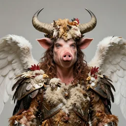 a hyper detailed portrait of joaquin phoenix with a crown made of animals, cow horns, pig nose, sheep wool, chicken feather armor, majestic, angelic, by anna podedworna, by miklos ligeti, by diego maricato, by taran fiddler, by antonino truisi, by chris reddie, by jinsung lim, trending on artstation