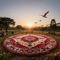 photo of a sunrise in the magic Fluffy 3d Persian Carpet dimension, everything is carpet and 3d, birds and trees, surreal, cinematography, Sigma art 12mm fisheye, immense detail, epic, striking