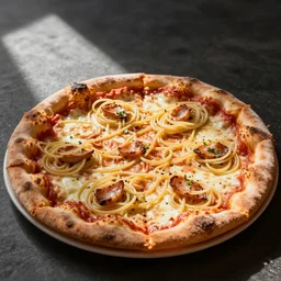 a delicious pizza with spaghetti crust.