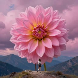giant dahlia flower blooming head, girl walking on mountain, surreal photography, pink storm clouds, dramatic light, impressionist painting, digital painting, artstation, simon stalenhag