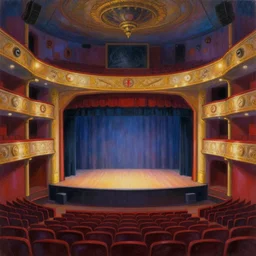 Colorful, creepy Craig Mullins landscape painting of detailed interior of giant theater, empty stage, anime key visual