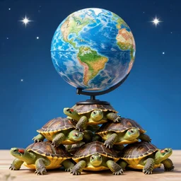 a stack of turtles beneath a globe of the earth, earth globe on top, stars in the background