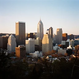 Pittsburgh after the apocalypse, medium format photography taken from Mount Washington, Fuji sensia, 4k, golden hour