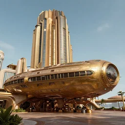 exterior spaceship shot of the atlantis paradise, a retro futuristic spaceship made of brass bronze gold, art deco influence, hotel style design. bioshock, starship titanic.