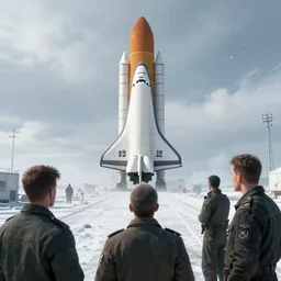 windswept vista overlooking a soviet space shuttle launch site cold war. jasmin habezai - fekri, anton fadeev, tony zhou shuo, greg rutkowski, unreal engine 5
