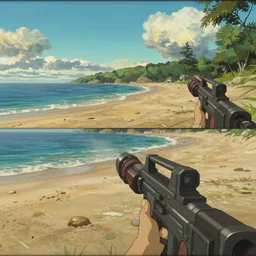 game trailer of a semi realistic first person studio ghibli shooter game trailer on a shining beach, beach landscape, cinematic lighting, ray tracing, unreal engine 5, photorealistic