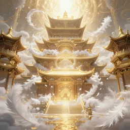 fantastic oriental mythology, ancient chinese architecture, soft light, gold, white feathers, super fine, super real, super wide field of vision, movies, fantasy