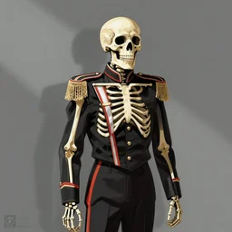 “marching skeleton dressed in black vintage marching band uniform, small illustration on grey background, parental guidance warning in the bottom left corner”