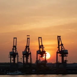 The beauty of the sunset was obscured by the industrial cranes.