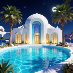 🌟🌜✈⛵, Art Deco, in SANTORINI island, palm trees, crystal clear neon water, starry night, Trending artstation, octane render, cgsociety, surrealist, cinematic, shadow of the tomb rider
