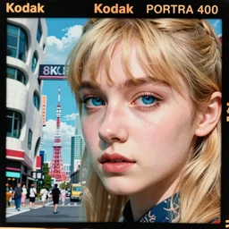 Kodak Portra 400,8K,highly detailed: beautiful three point perspective extreme closeup portrait photo in style of chiaroscuro style 1950s frontiers in cosplay art nouveau tokyo seinen manga street photography fashion edition, tilt shift zaha hadid style anime tokyo background, highly detailed, focus on model;vaporwave ;blonde hair;blue eyes;negao;tendu pose, eye contact, soft lighting