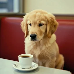 “Golden retriever puppy sitting at a diner drinking a cup of coffee, looking melancholy, edward hopper”