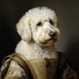 portrait of a white labrododdle dog with curly white fur as an italian queen, painting by botticelli, 1 4 8 0 s