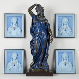 orpheus - euterpe blue black bronze sculpture, decoration : 2 2 7 7 german expressionist - rollenportrat of robed olga of kiev, jewels, josian wedgwood testplates