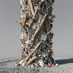 plastic garbage, river pebbles, and driftwood forming a rugged pillar, column by zaha hadid, parametric design