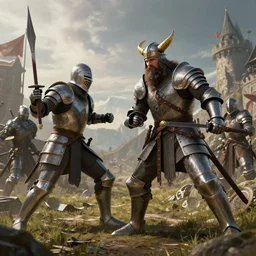Vikings fighting against knights, fantasy art, octane render, 8k, hyperrealistic, artstation
