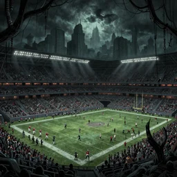 a detailed gothic sci-fi illustration of an NFL game