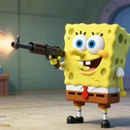 high detail movie still of spongebob squarepants shooting an ak - 4 7 machine gun with muzzle flash, cinematic framing rule of thirds, cinematic light, hard shadows, in the style of the movie lone survivor,