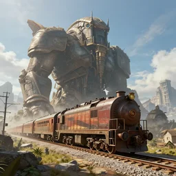 incredibly colossal giant ancient train runs on rails. extremely high details, artstation contest winner, masterpiece, fantasy art, digital art by anthony brault, greg rutkowski
