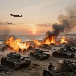 normandy!!!!!, sunset, soldiers charging in, chaos!!!, fire, 1 9 4 5, cinematic, airplanes bombing the beach, ray tracing, the landings, sadness, highly detailed, ( ( painting ) ) by jessica rossier and ivan shishkin, d - day, destroyed tanks, smoke, ultra realistic!!!, wide shot