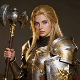 gorgeous female Paladin, beautiful detailed face, blue eyes, mace and shield, dark golden hair, ornamental, no helmet, White and red Asymmetry armor, crusade, fighting pose, trending on Artstation artstationHD, artstationHQ, cgsociety, danbooru, extremely detailed, epic fantasy, matte painting, important: No extra limbs